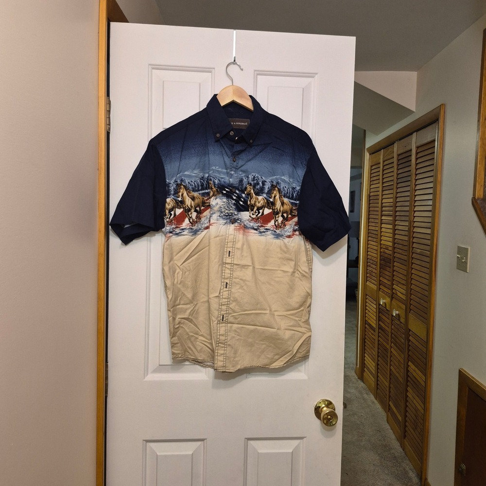 Bit & Bridle Men Horse American Flag Graphic Shirt Navy Tan Short Sleeve Western